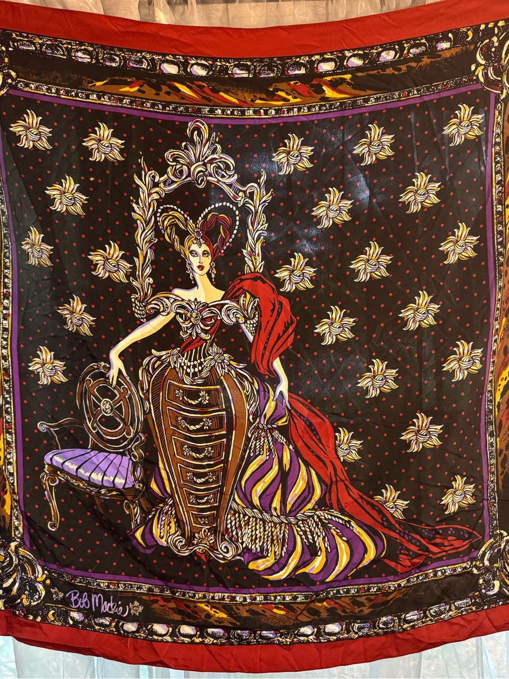 Vintage Bob Mackie Wearable Art 100% Silk Baroque Style Woman in Gown Scarf
